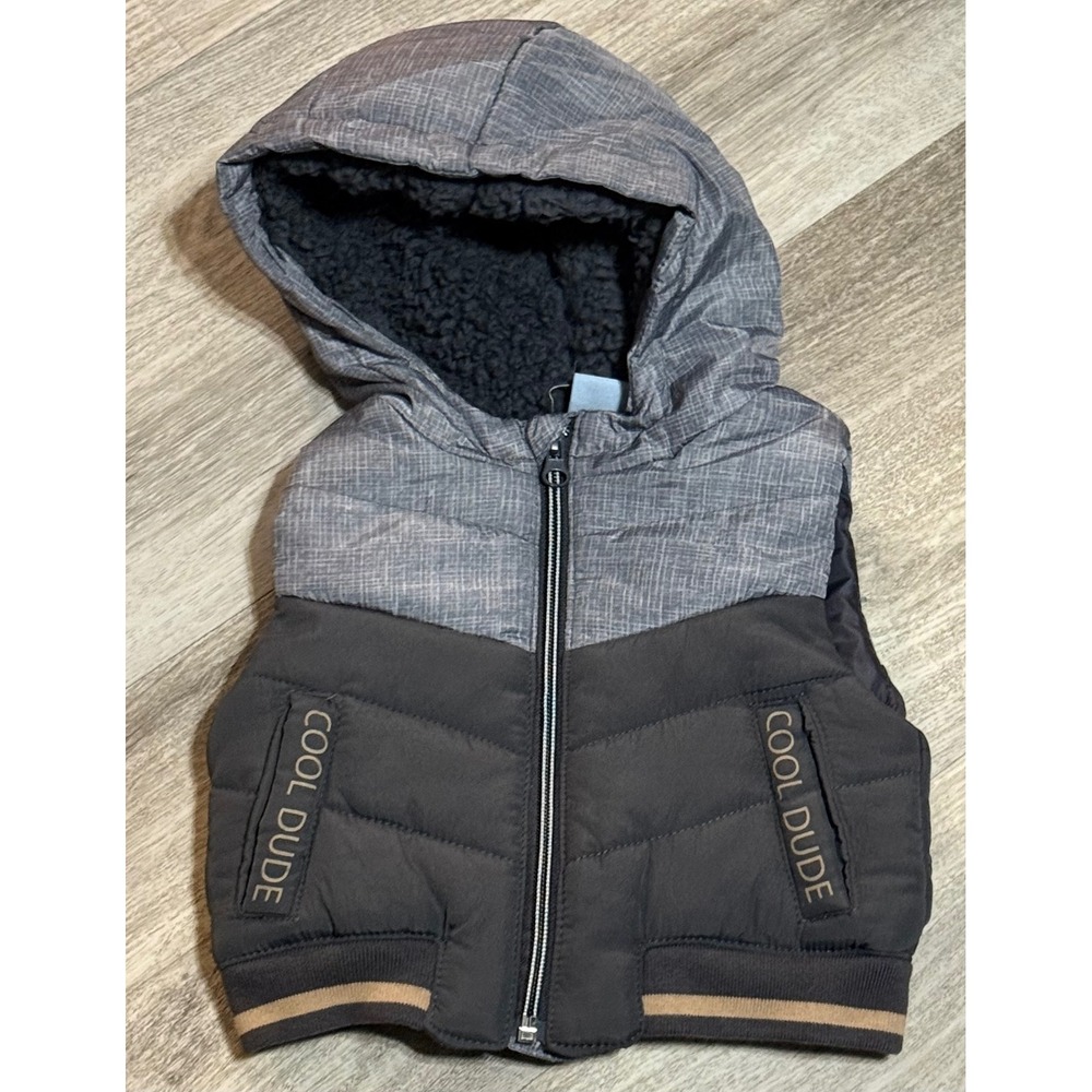 Little‎ Lad Boys Puffer Vest with Hood Gray Black COOL DUDE 3/6M